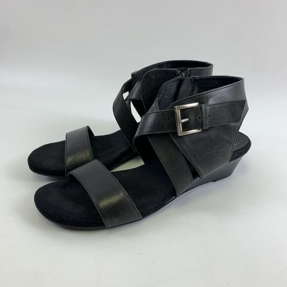Aerosoles Propryetor Heel Rest Wedge Sandals Black Leather Buckle Zip Womens 9 - Picture 2 of 14